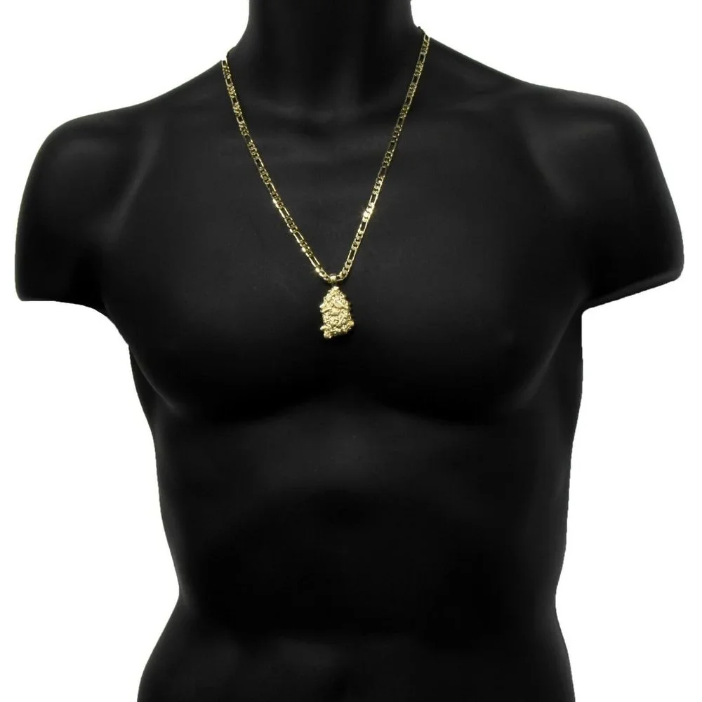 14k Gold Nugget 24" Figaro Chain + Pendant - Picture 2 of 4